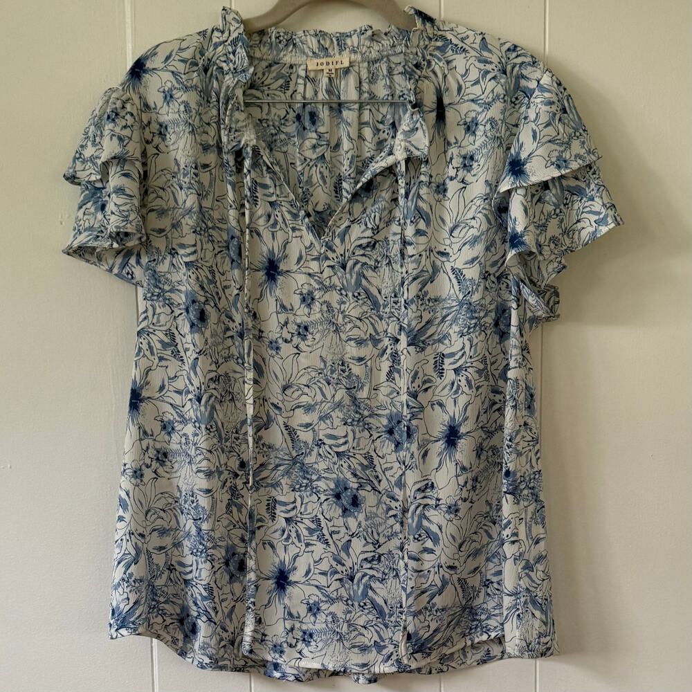 Jodifl Size Medium Short Sleeve Blue and White Blouse